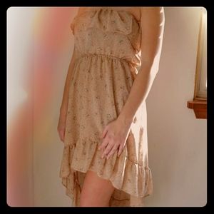 Pink floral strapless dress with high low skirt